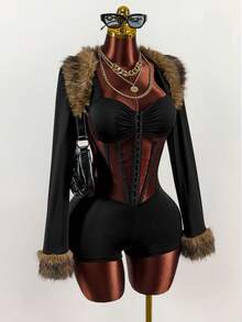 Amplova 女士网眼拼接透视紧身衣，性感毛茸茸拼接长袖，适合日常穿着，约会，新年，纯色拼接皮草时尚服装，秋冬 - 黑色 - 查看 1