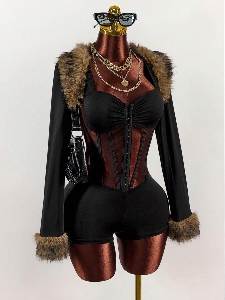 Amplova 女士网眼拼接透视紧身衣，性感毛茸茸拼接长袖，适合日常穿着，约会，新年，纯色拼接皮草时尚服装，秋冬 - 黑色 - 查看 1