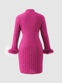 Vestido para niñas, nuevo diseño de unicolor con puños de piel sintética, vestido de punto de pana de manga larga, vestido de cuello alto adecuado para niñas en otoño/invierno, elegante, suave, adecuado para salidas diarias, fiestas, vacaciones de Navidad - Rosa Fucsia - Ver 2