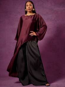 Vixey Solid Satin Asymmetrical Hem Mock Neck Long Sleeve Maxi Top - Burgundy - View 2