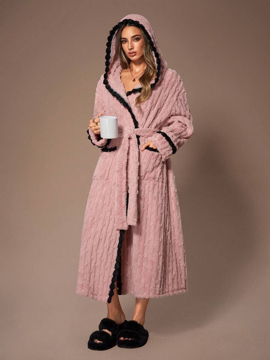 SHEIN Contrast Color Pom Pom Hooded Jacquard Fleece Women Robe Robes For Women Fluffy Fuzzy Robe Robe Set Women Robes For Women Winter Bath Robes For Women - Pink - View 1