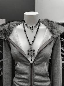 StreetHx 女士街头风保暖连帽拉链卫衣，长袖，秋冬款 - 灰色 - 查看 4