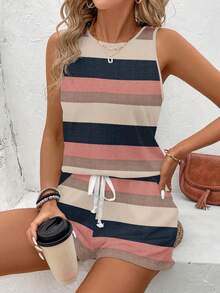 SHEIN LUNE 2pcs Women Casual Colorblock Striped Sleeveless Round Neck T-Shirt And Vest Set, Suitable For Summer Island Vacation Outfits Suitable For Going Out