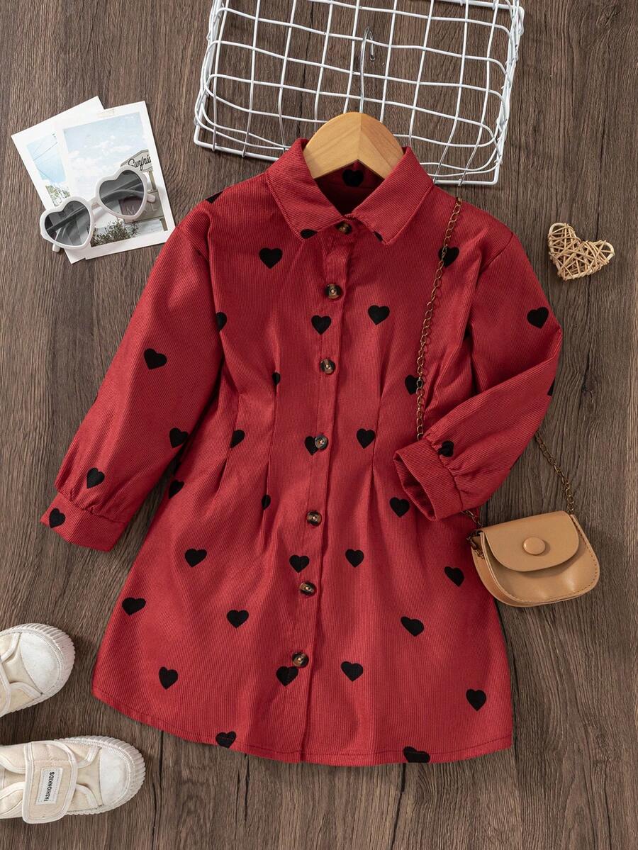 SHEIN Elladie kids Young Girl' Casual Heart Pattern Corduroy Shirt Dress, Autumn/Winter