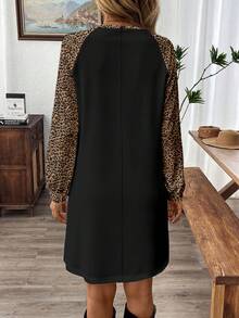EMERY ROSE Women's Leopard Print Patchwork Round Neck Long Sleeve Straight Loose Casual Mini Dress - Multicolor - View 2