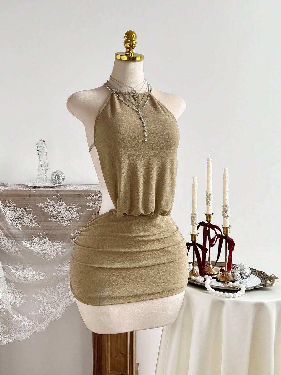 Elamini Sexy Backless Halter Metallic Glitter Mini Dress For Party - Gold - View 1