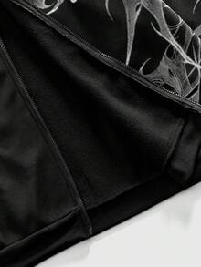 ROMWE MEN Men's Gothic Print Zip Front Casual Hoodie Sweatshirt, Long Sleeve Top - Black - View 6