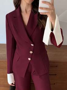 Elyressa 女士优雅撞色翻领长袖外套和裤子套装 - 酒紅色 - 查看 3