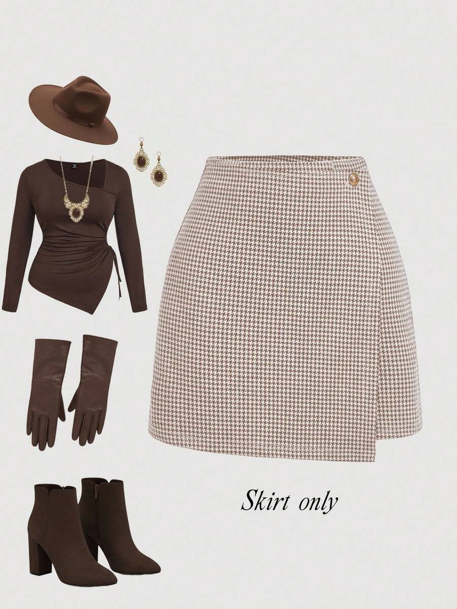 SHEIN MOD 大码女式休闲商务通勤百搭简约A字裙 - 卡其色 - 查看 1