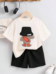 SHEIN 2pcs/Set Young Boy Kids Comfortable Daily Versatile Casual Cute Loose Fit Japanese And Korean Style Animal Bear Pattern Embroidered Round Neck Short Sleeved T-Shirt Knitted Top And Yellow Waffle Shorts Set, Suitable For Spring And Summer Seasons, Daily Life, Sports, Campus, Gatherings, Festivals, Performances, Photography, Back To School Season - Black - View 4