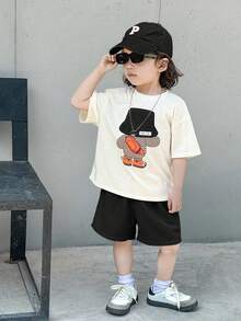SHEIN 2pcs/Set Young Boy Kids Comfortable Daily Versatile Casual Cute Loose Fit Japanese And Korean Style Animal Bear Pattern Embroidered Round Neck Short Sleeved T-Shirt Knitted Top And Yellow Waffle Shorts Set, Suitable For Spring And Summer Seasons, Daily Life, Sports, Campus, Gatherings, Festivals, Performances, Photography, Back To School Season - Black - View 10