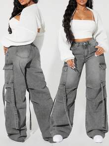 SHEIN ICON Plus Size Solid Color Casual Versatile Wide Leg Cargo Jeans - Light Grey - View 1