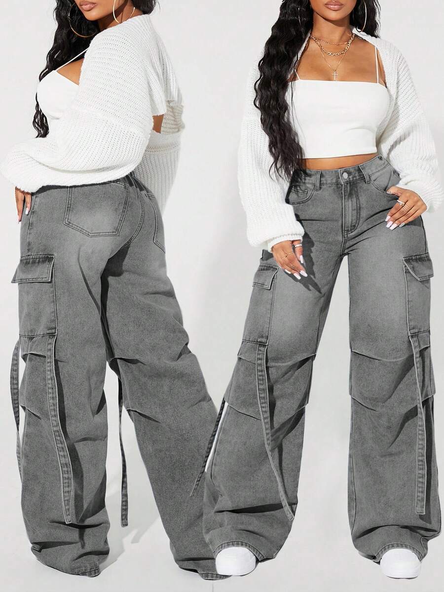 SHEIN ICON Plus Size Solid Color Casual Versatile Wide Leg Cargo Jeans - Light Grey - View 1