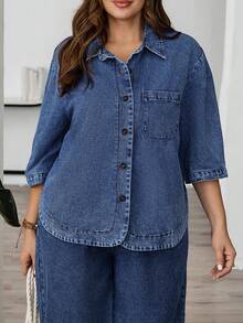 EMERY ROSE EMERY ROSE Blusa de mezclilla de solapa única para mujer de talla grande - Azul lavado oscuro - Ver 7