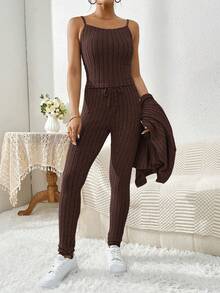 SHEIN Essnce Bộ 3 món dành cho nữ: Áo hai dây dệt kim, Quần cạp rút và Áo khoác, Trang phục đi làm hàng ngày thoải mái, Xuân/Thu - Cà phê nâu - Xem 6