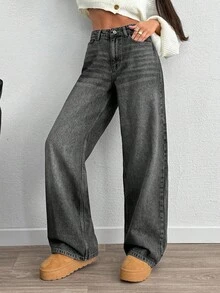 EURMUSE Pantalones vaqueros de tiro alto, pierna ancha, estilo Y2K, corte holgado para mujer - Gris Claro - Ver 6
