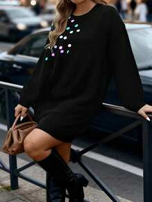 EMERY ROSE 大码女式纯色针织激光串珠刺绣休闲优雅毛衣连衣裙，适合圣诞节、返校季、浪漫假期、办公穿着 - 黑色 - 查看 1