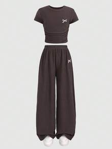 SHEIN 少女罗纹印花T恤和打底裤两件套，休闲日常时尚百搭