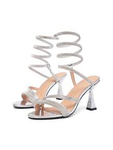 CUCCOO SZL Women's Fashionable Silver Rhinestone Ankle Strap High Heel Sandals, Suitable For Dates, Gatherings, Parties And Various Occasions - Silver - View 9