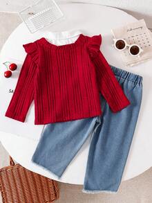 2pcs Baby Girls' Denim Set, Red Ribbed Ruffle Trim Long Sleeve Patchwork Shirt Collar Tee Paired With Cherry Embroidery Fake Pocket Jeans, Cute & Playful Style Suitable For Outdoor Play Or Casual Wear At Home - Red - View 2