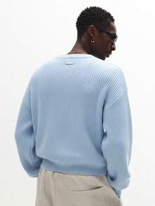 SUMWON Ribbed Knit Cropped Sweater With Round Neckline Long Sleeves Fitted Silhouette Textured Jumper Fall Winter Layering Essential - Blue - View 2