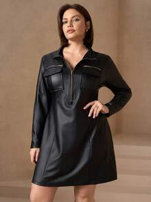 Chikora 大码女式纯色PU皮革拉链半开襟工装口袋时尚连衣裙，大码冬季连衣裙，黑色PU保暖内衬连衣裙，拉链连衣裙，优雅黑色连衣裙，保暖内衬，高弹力，圣诞节连衣裙，感恩节连衣裙，派对连衣裙，毕业典礼连衣裙，约会装，通勤装，适合各种场合，新年连衣裙，黑色短款连衣裙 - 黑色 - 查看 3