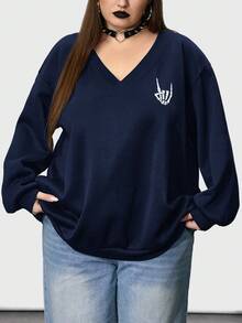 SHEIN CURVE+ 女式加大码 V 领骷髅手指花卉印花黑色加大码宽松羊毛运动衫冬季秋季秋冬 - 藏蓝色 - 查看 4