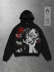 ROMWE MEN Spring Casual Graphic Men'S Graphic Anime Print Drawstring Hooded Casual Sweatshirt, Autumn/Winter, Long Sleeve Top - Black - View 4
