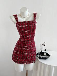 Elamini 女士红色紧身背心和迷你裙两件套，优雅奢华派对礼服，可定制，甜美风格，适合外出、约会、婚礼、派对、迷人假日时尚、秋冬季、圣诞节、情人节 - 紅色 - 查看 5