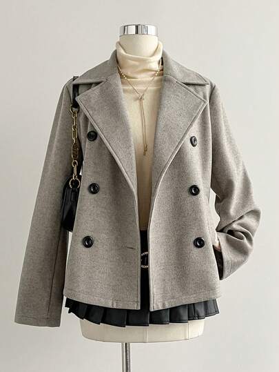 Sweetra 女士新款舒适秋冬服装，适合感恩节、万圣节、新年等场合，也适合派对、通勤、日常穿着、旅行和度假。灰色外套，黑色纽扣装饰，翻领，长袖，双排扣大衣。