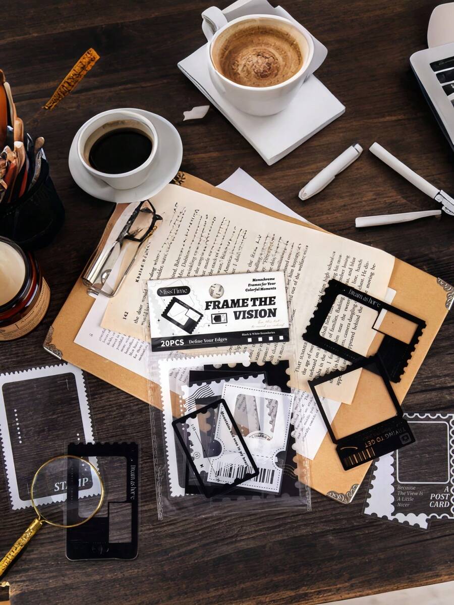 [Postmark Cutout]1pack/20pcs Black & White Film Photography Frame Diy Stickers Scrapbook Supplies School Supplies Valentine DAY, Valentines Wedding, Birthday - Postmark Silhouette - View 1