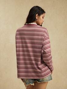 Easelle Casual Vintage Pink Striped Knit Women T-Shirt Top Summer For Women Round Neck Long Sleeved Comfortable - Multicolor - View 2