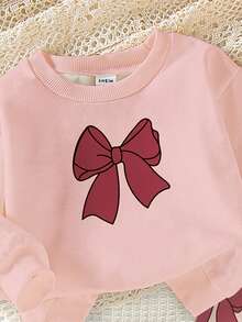 2pcs Baby Girls Casual Fashionable Cute Bow Print Pink Crew Neck Sweatshirt And Butterfly All-Over Print Leggings Set, Autumn/Winter Infant Toddler Hoodie And Pants 2-Piece Outfit - Multicolor - View 3