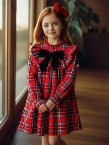 SHEIN Tween Girls' Cute Back-To-School Red And White Plaid Dress,Autumn Elegant Long Sleeve Ruffle Trim Patchwork Bow Decor Loose Christmas Party Dress - Red - View 4