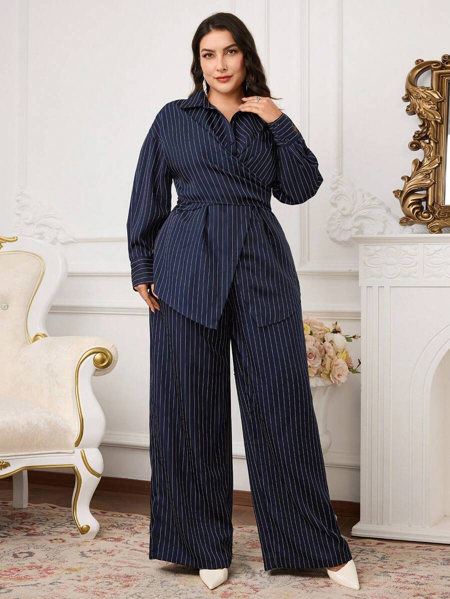 Modelyn Plus Size Casual Elegant Business Casual Smart Navy Blue Long Sleeve Shirt And Pants 2 Pieces Set Fall Office Dinner Working - Navy Blue - View 1