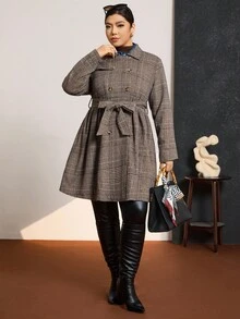 Zelara Plus Size Women Houndstooth Print Long Sleeve Double-Breasted Belted Elegant Coat, Autumn Winter Long Casual Winter Coat Casual Fleece Coat, Comfortable And Warm From The Cold, Comfortable And Warm From The Cold, 2025 New - Brown - View 10
