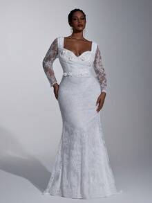 Elitara Robe de mariée grande taille sexy blanche à col profond drapé, manches longues, encolure transparente, décoration appliquée, ourlet sirène avec traîne - Blanc - Voir 7