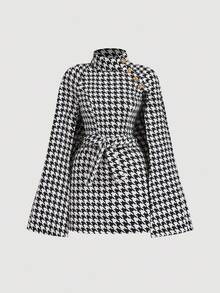 SHEIN MOD Women Winter Coats For Houndstooth Print Cloak Sleeve Overcoat,Business,Hippie,Flared Overcoat