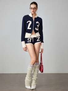 ROMWE Avant 2pcs Y2K Sporty Retro Numeral Cardigan & Shorts Set For Women - Navy Blue - View 3