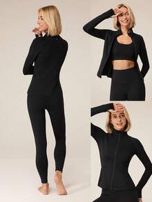 FeatherFit™-Slim-It Warm It's Chilly 羊毛衬里修身夹克 带拇指孔 秋冬瑜伽日常休闲 - 黑色 - 查看 7