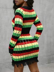 Glyssa Women's Vintage Stockholm Tulum Style Black And White Striped,Autumn,Sreetwear,Night Out Hollow Out Tassel Bodycon Dress,Elegant Workwear For Office - Multicolor - View 2