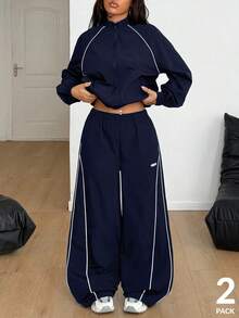 Coolane Women's Winter Clothes Streetwear Casual Athleisure Going Out Reflective Lapel Coat And Parachute Pants Pants Navy Blue ,2pcs,Fall,Fall Clothes For Women - Navy Blue - View 4