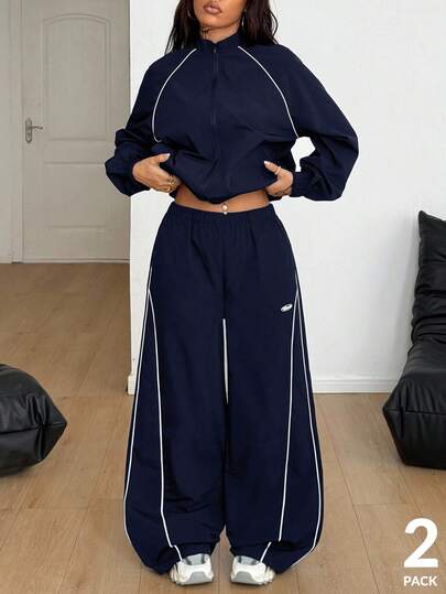Coolane Women's Winter Clothes Streetwear Casual Athleisure Reflective Lapel Coat And Parachute Pants Navy Blue ,2pcs,Fall,Fall For Women