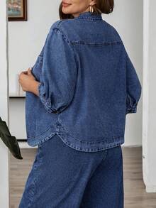 EMERY ROSE EMERY ROSE Blusa de mezclilla de solapa única para mujer de talla grande - Azul lavado oscuro - Ver 2