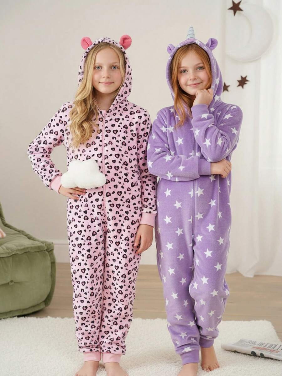 Girls Casual Leopard Print Heart All-Over Print Long Sleeve Jumpsuit Pajamas Hoodies Fleece Pajamas Leopard Print Winter Fleece Pajamas, Hooded Bodysuit Pajamas Kids Pajamas Girls Sleepwear Girls Pajamas Winter Pajamas For Girls Pajama Kids Girls - Baby Pink - View 1