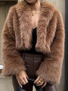 SHEIN Unity 1件女士奢华优雅仿毛皮内衬外套，酒红色 - 棕色 - 查看 4