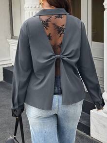 Easura Kemeja Lengan Panjang Renda Kontras Minimalis Elegan Ukuran Besar, Musim Gugur - Grey - View 3