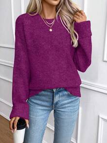 EMERY ROSE Women's Loose Fit Crew Neck Pullover Sweater With Ribbed Cuffs