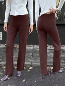 Elyressa Conjunto de suéter de unicolor y pantalones de pierna ancha con textura de cuerda retorcida para mujer, cómodo y casual, adecuado para otoño/invierno - Marrón - Ver 1