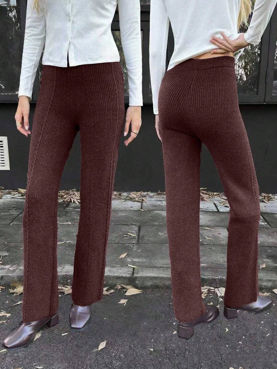 Elyressa Conjunto de suéter de unicolor y pantalones de pierna ancha con textura de cuerda retorcida para mujer, cómodo y casual, adecuado para otoño/invierno - Marrón - Ver 1